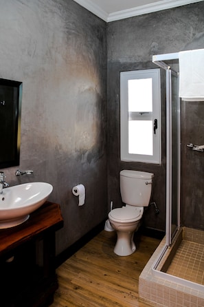 Een badkamer met houten vloer, een witte wastafel, toilet en een douchecabine van glas.