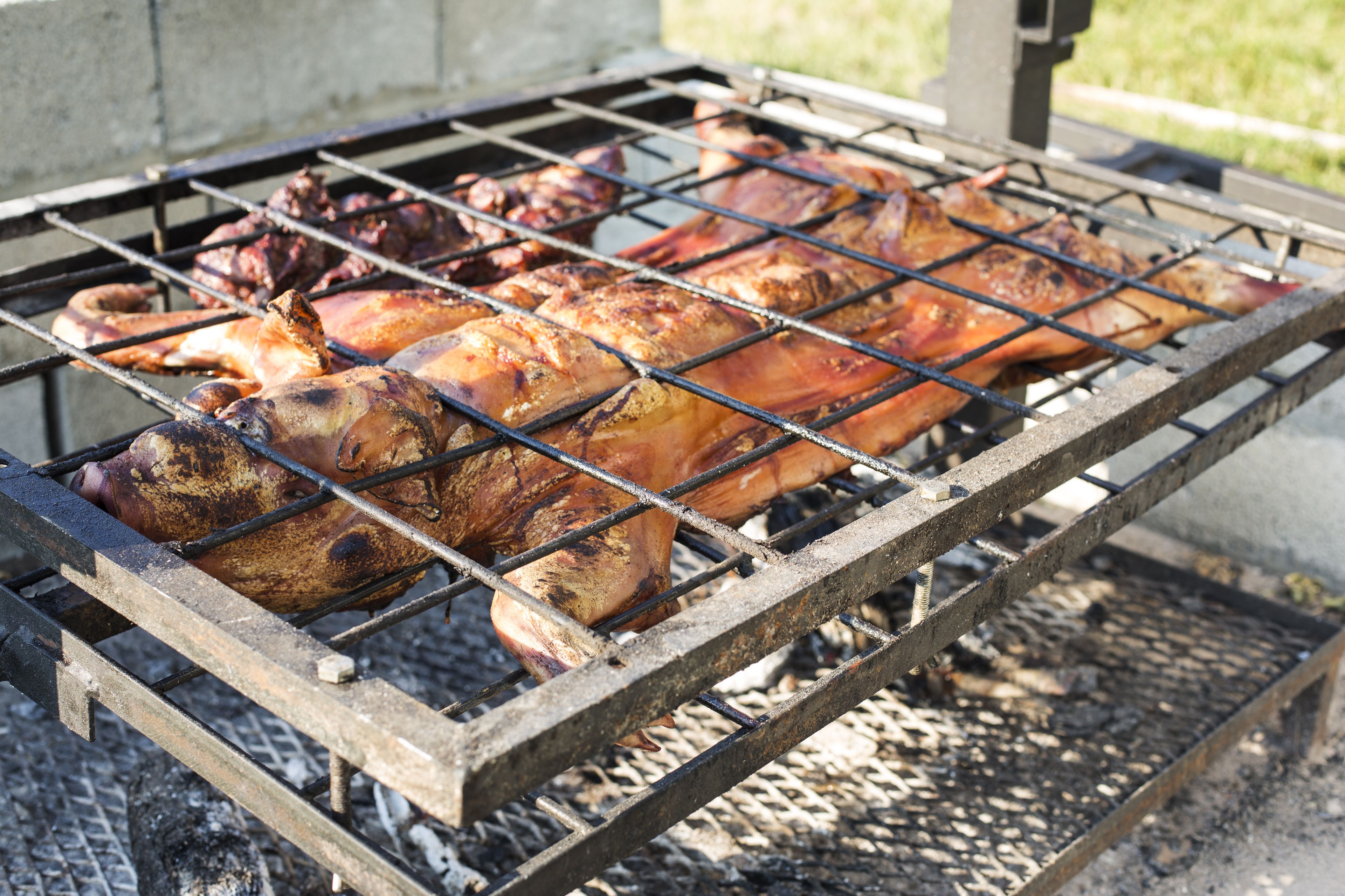 A grill with multiple pieces of meat cooking.
