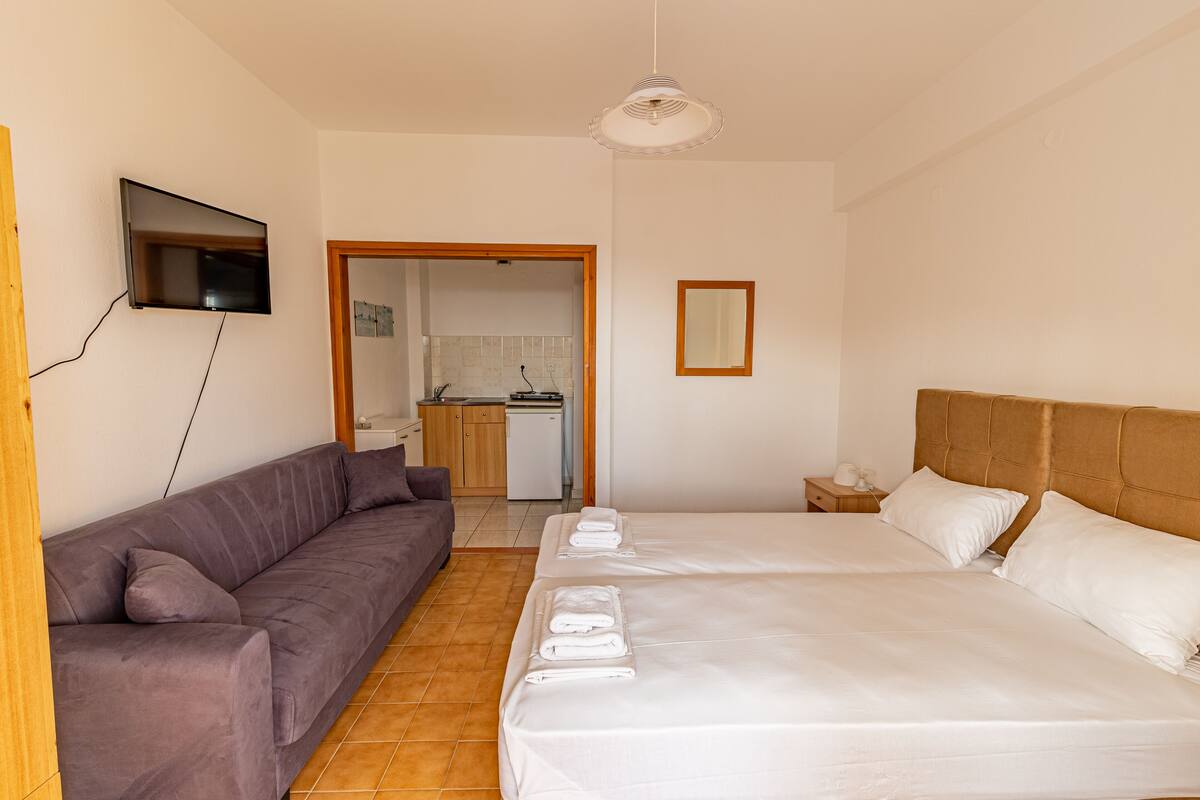 Un dormitorio con cama, sofá, televisor montado en la pared y una cocina al fondo.