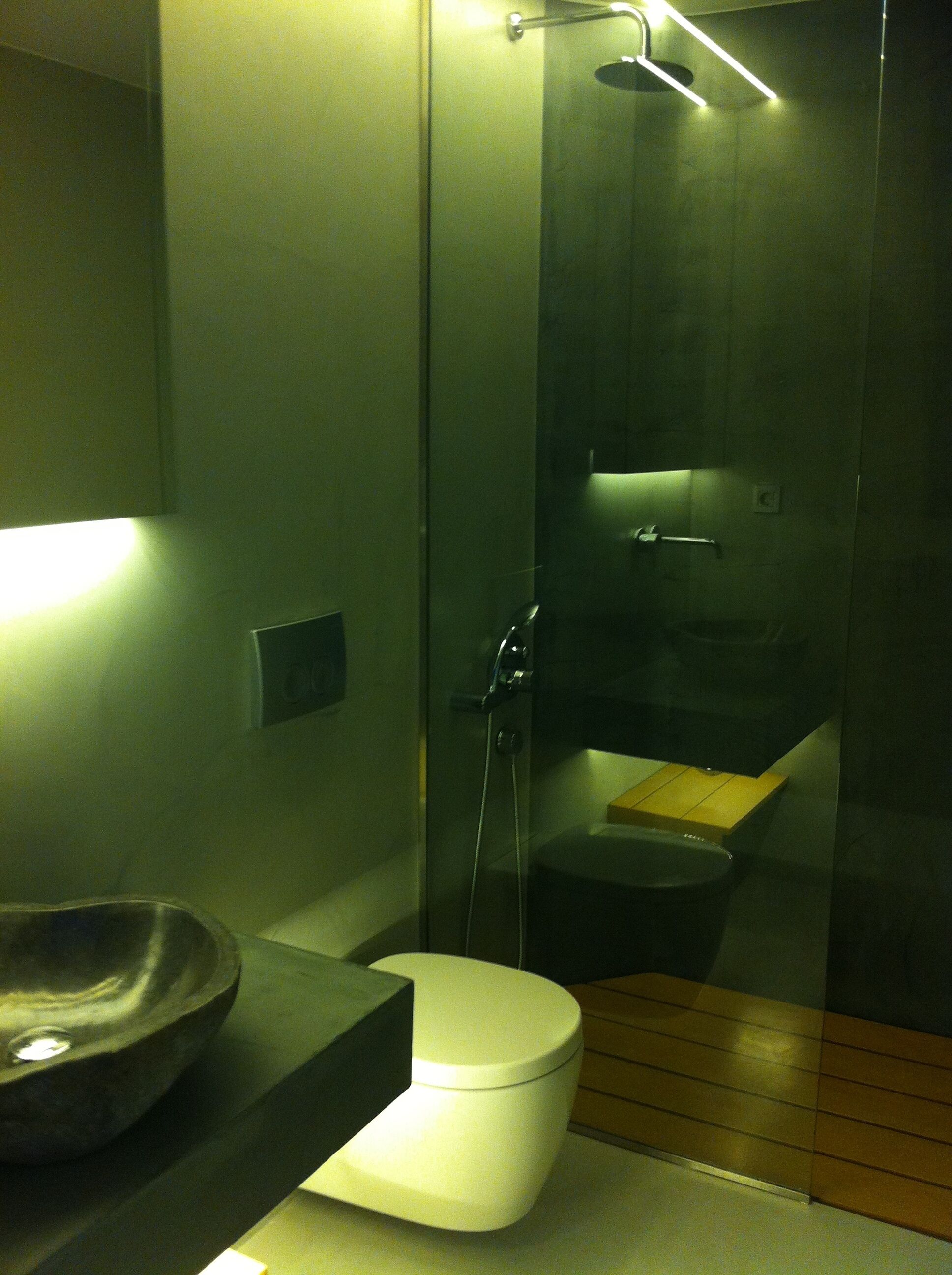 A modern bathroom with a glass shower enclosure, a white toilet, and a large vessel sink.