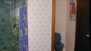 Een badkamer met douche, toilet en een wand met een bloemenprint.