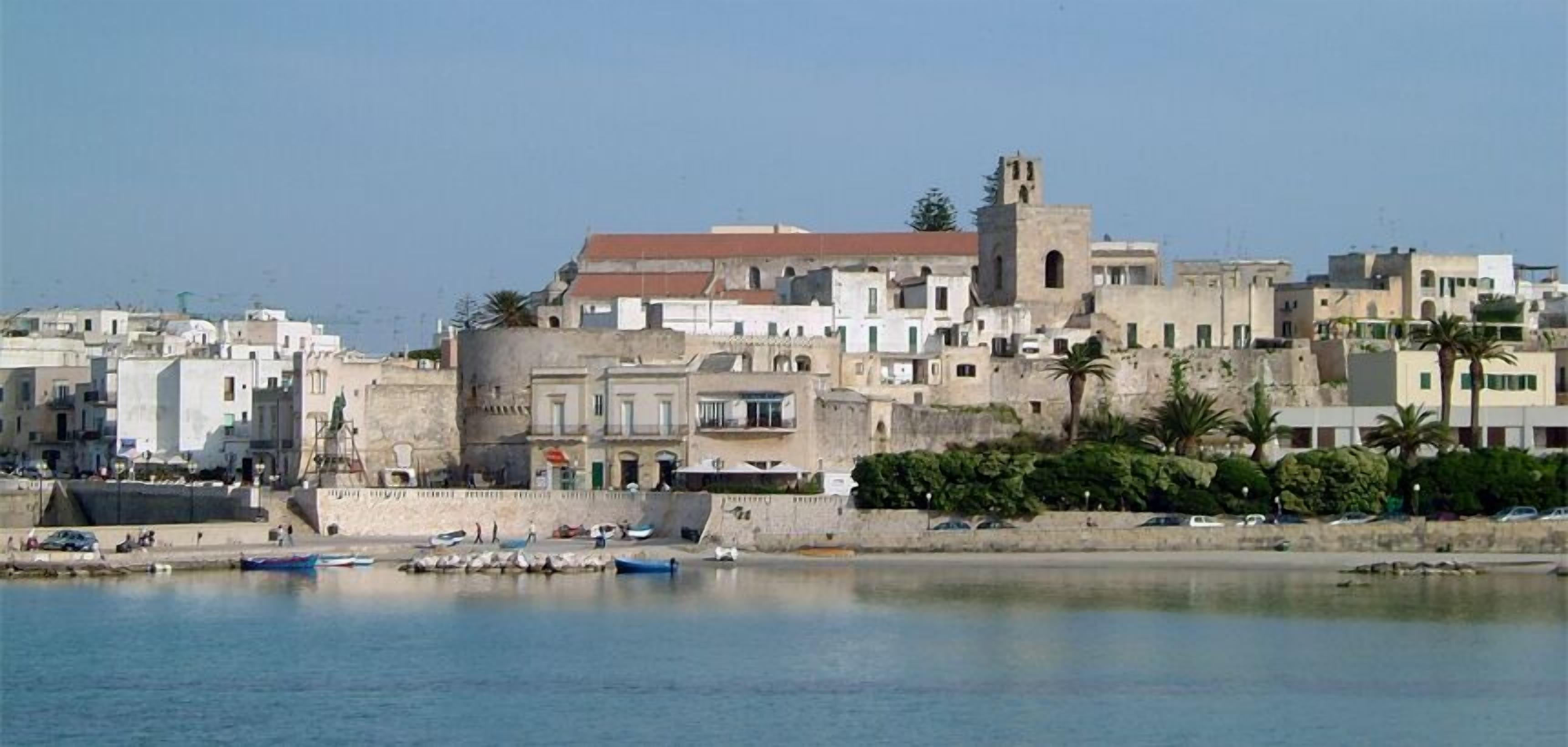 A coastal town with historic buildings, a prominent tower, and boats docked along the waterfront.