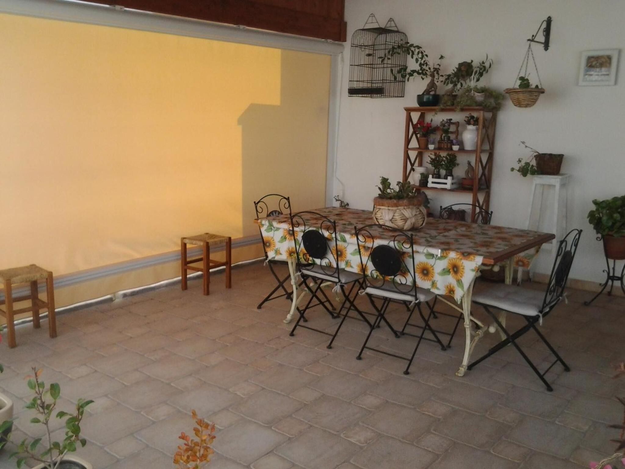 Eine Terrasse mit Tisch und Stühlen, umgeben von Kübelpflanzen und einem Vogelkäfig an der Wand.