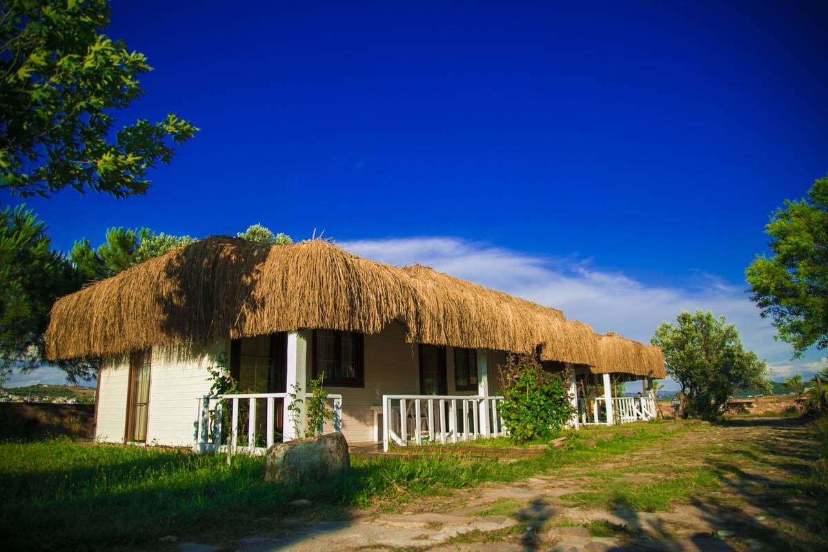 A rustic thatched-roof house with a white exterior and a small porch.