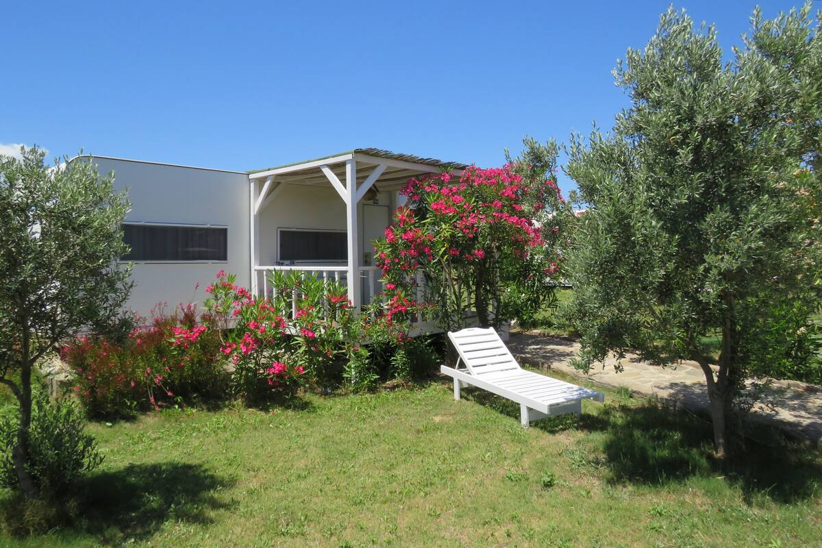 A white building with a covered porch and a lounge chair in the garden.