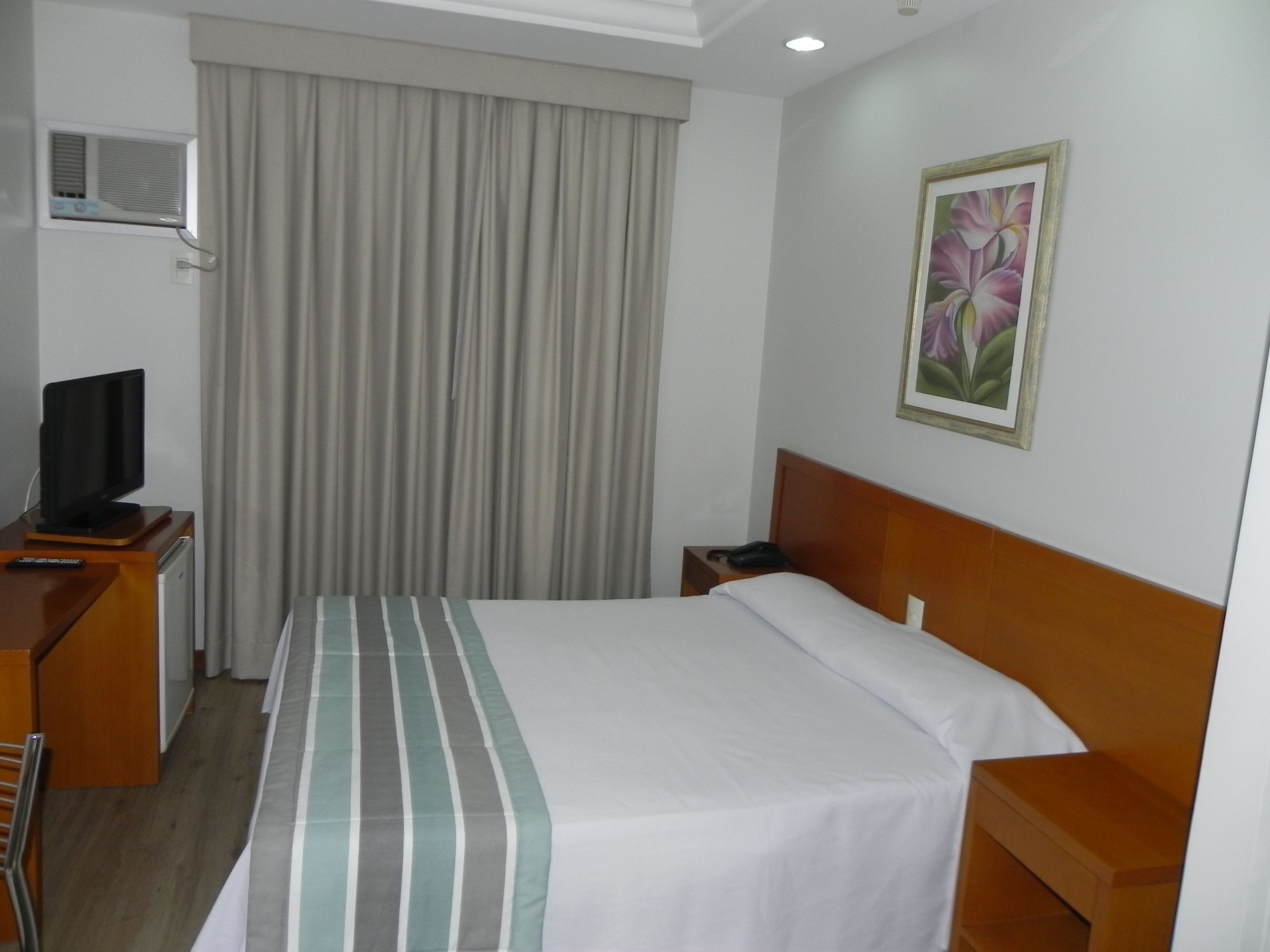 Quarto de hotel com cama, escrivaninha com televisão, mesa de cabeceira, quadro na parede e janela com cortinas.