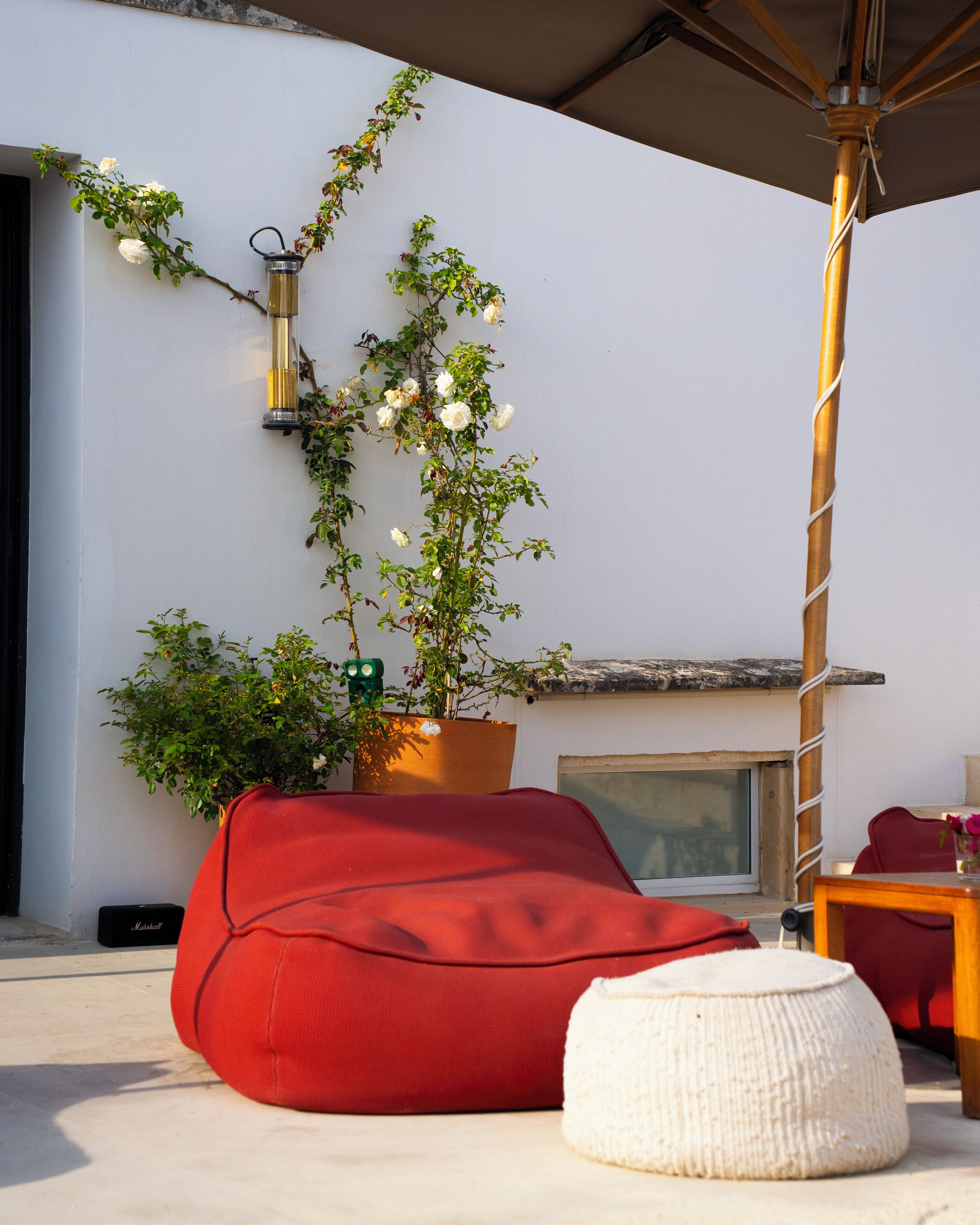 A red bean bag chair, a white pouf, and a potted plant with white flowers against a white wall.