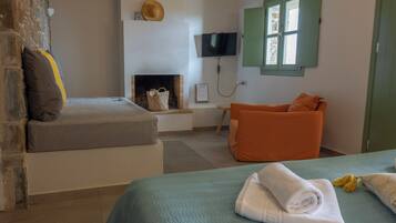 A bedroom with a bed, a sofa, a TV, a fireplace, and a window with shutters.