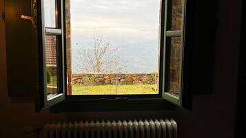 Un dormitorio con ventana que da a un paisaje rural, un radiador debajo de la ventana y una cama con edredón blanco.
