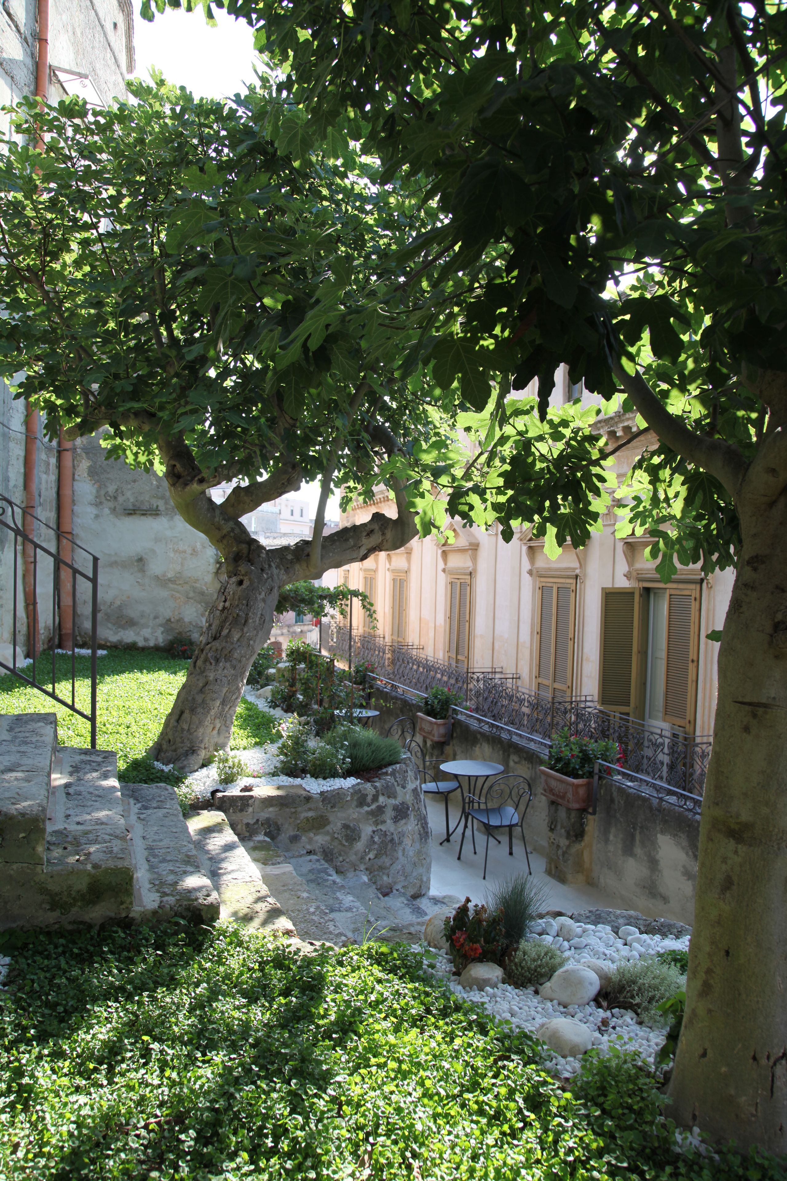 Un patio con un árbol, escalones de piedra, un pequeño jardín y un balcón con barandilla.