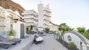 Une terrasse sur le toit équipée de chaises longues, d’un espace salon et d’une collection de cactus.