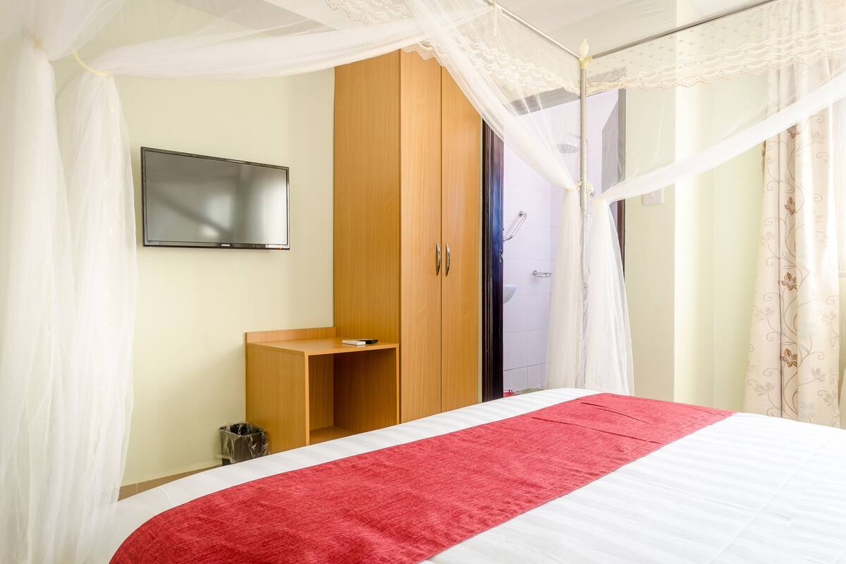 Un dormitorio con cama, armario, televisor y zona de ducha.