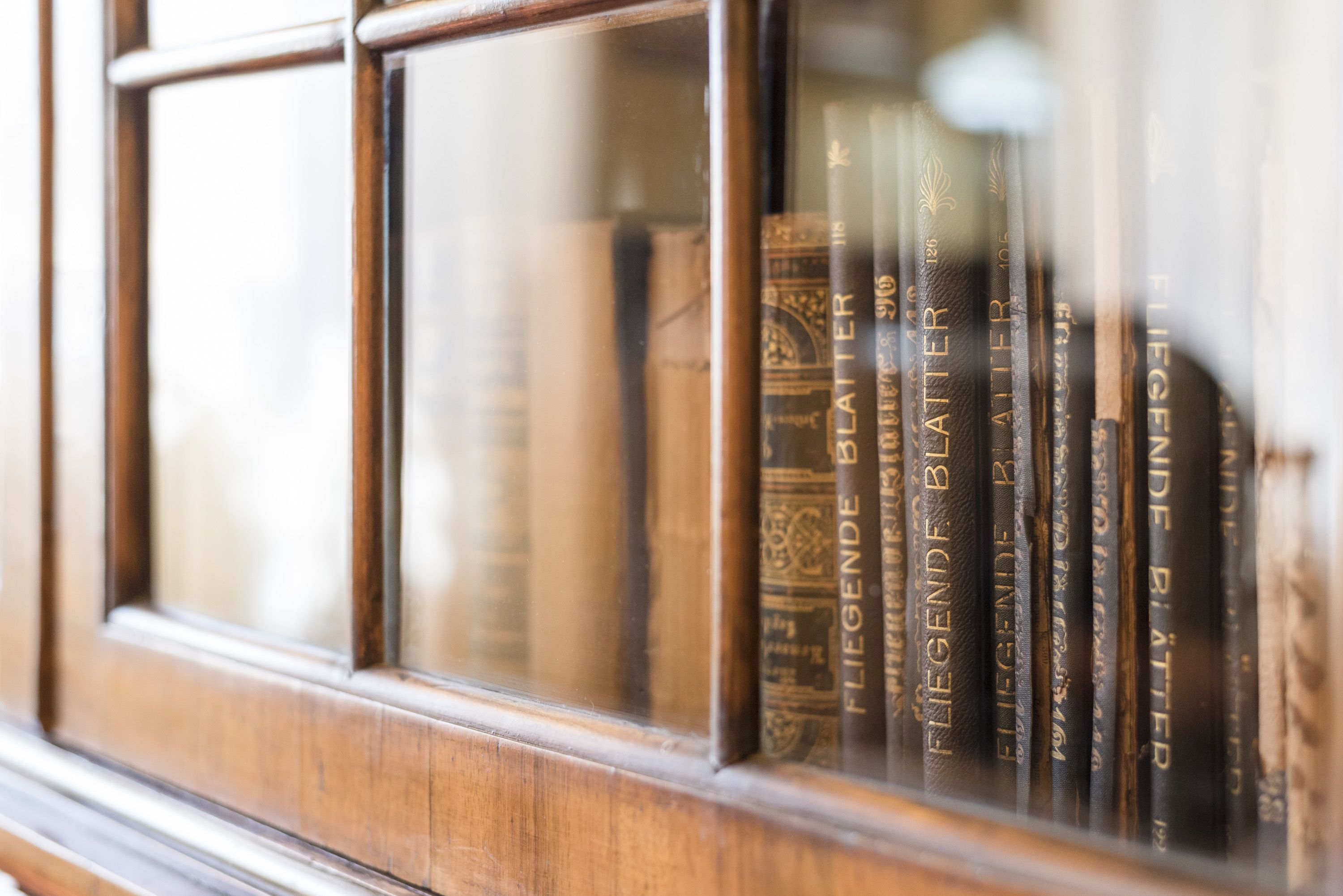 Un meuble en bois doté de portes en verre, contenant des livres dont les titres sont bien visibles.