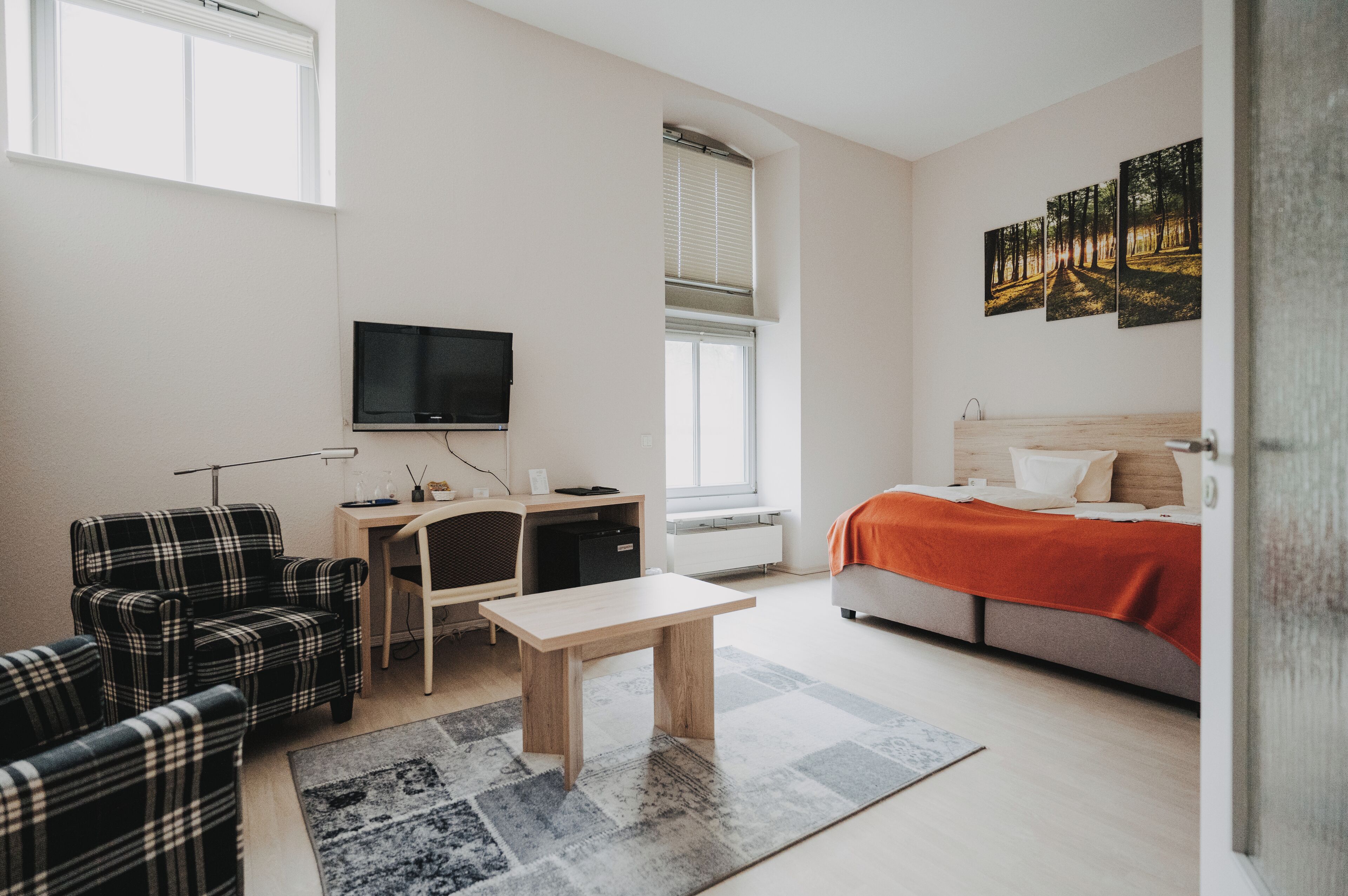 A modern bedroom with a bed, a desk, a chair, a TV, and artwork on the wall.