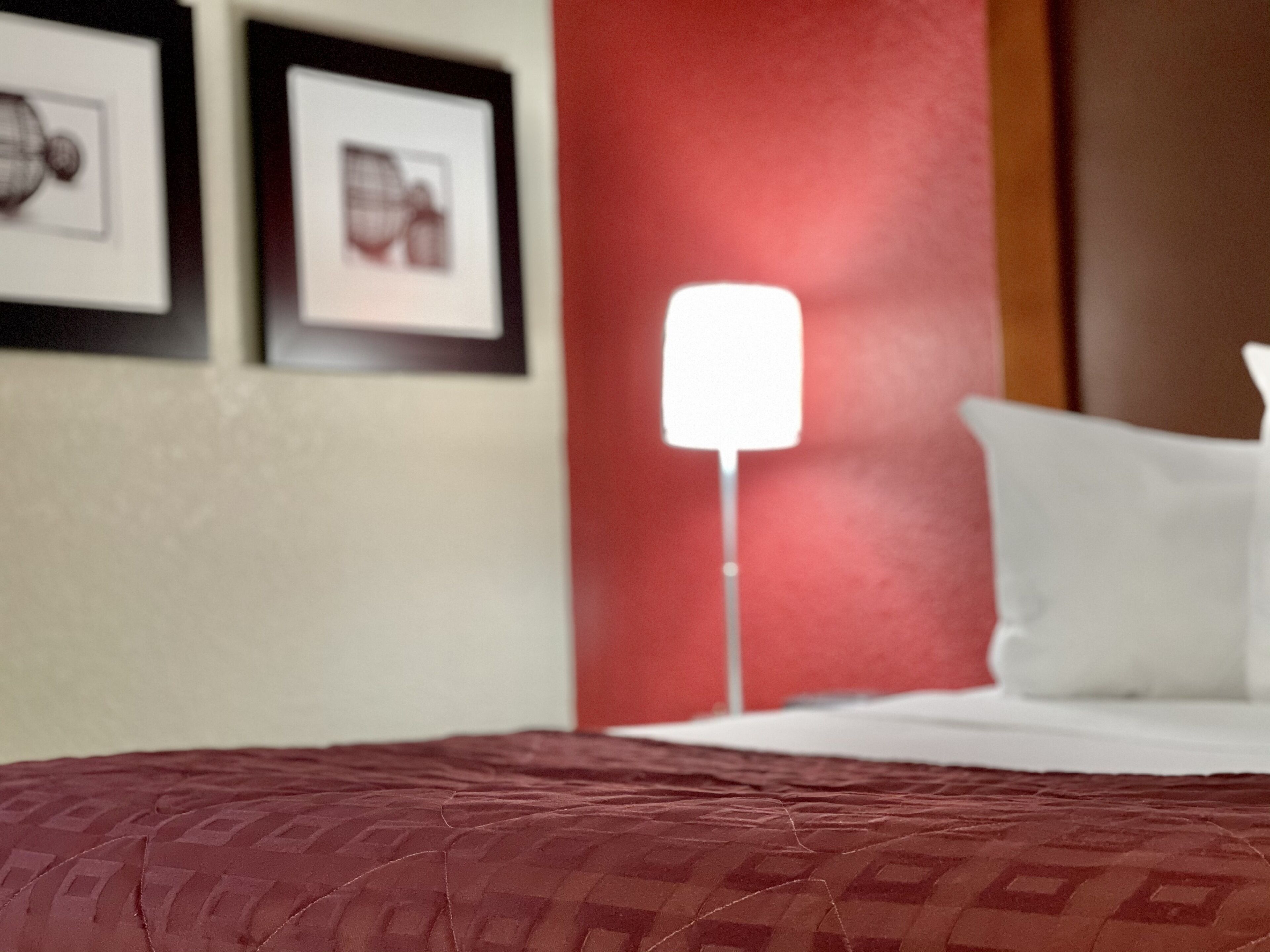 A hotel room with a neatly made bed, a bedside lamp, and framed pictures on the wall.