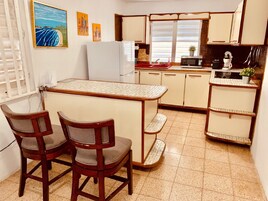 Full-size fridge, microwave, oven, stovetop