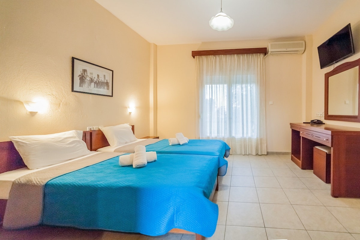 A hotel room with two beds, a desk, a TV, and a framed picture on the wall.
