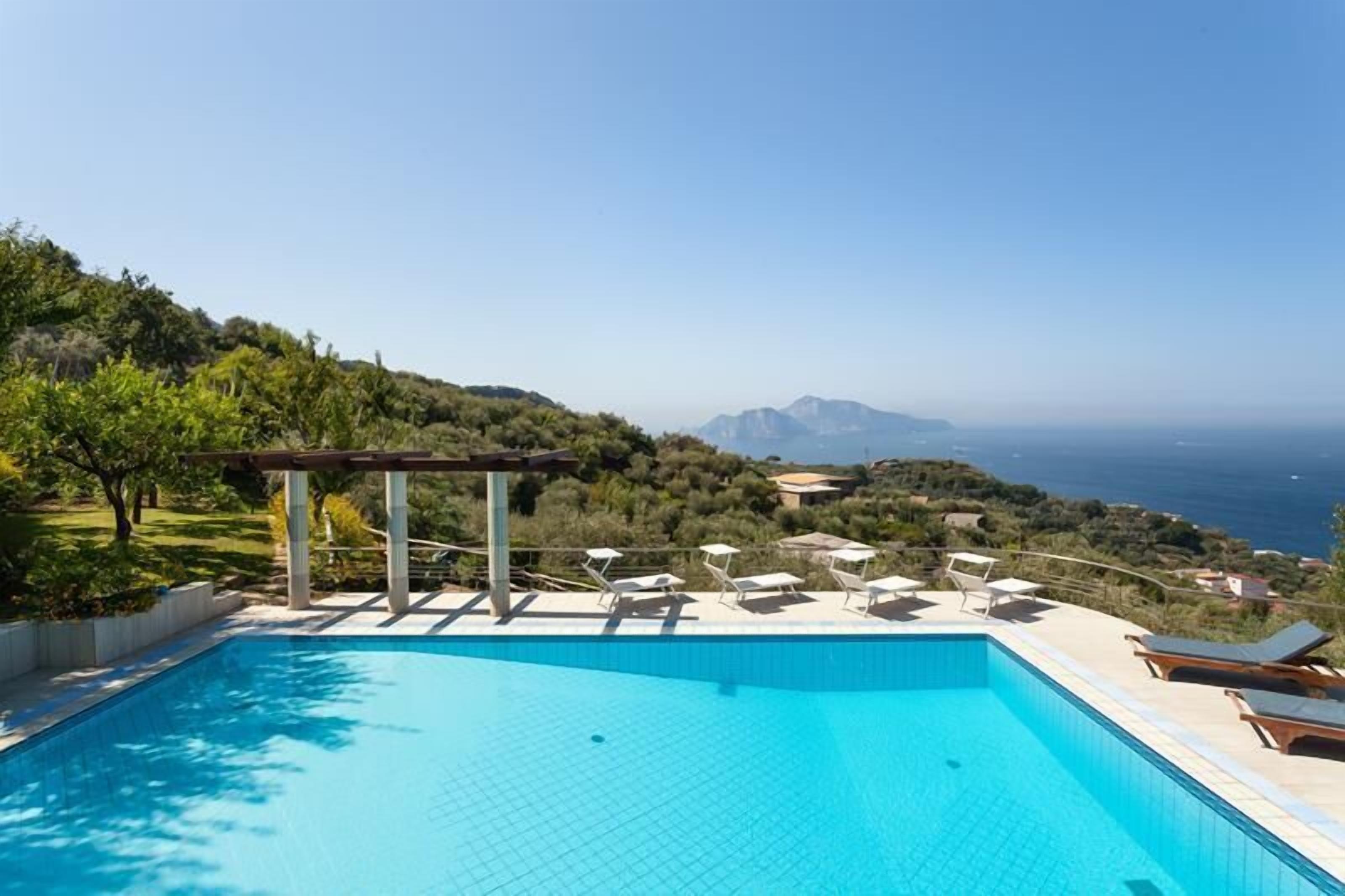 حمّام سباحة خارجي موسمي، مظلات على حمّام السباحة، مقاعد للتشمس