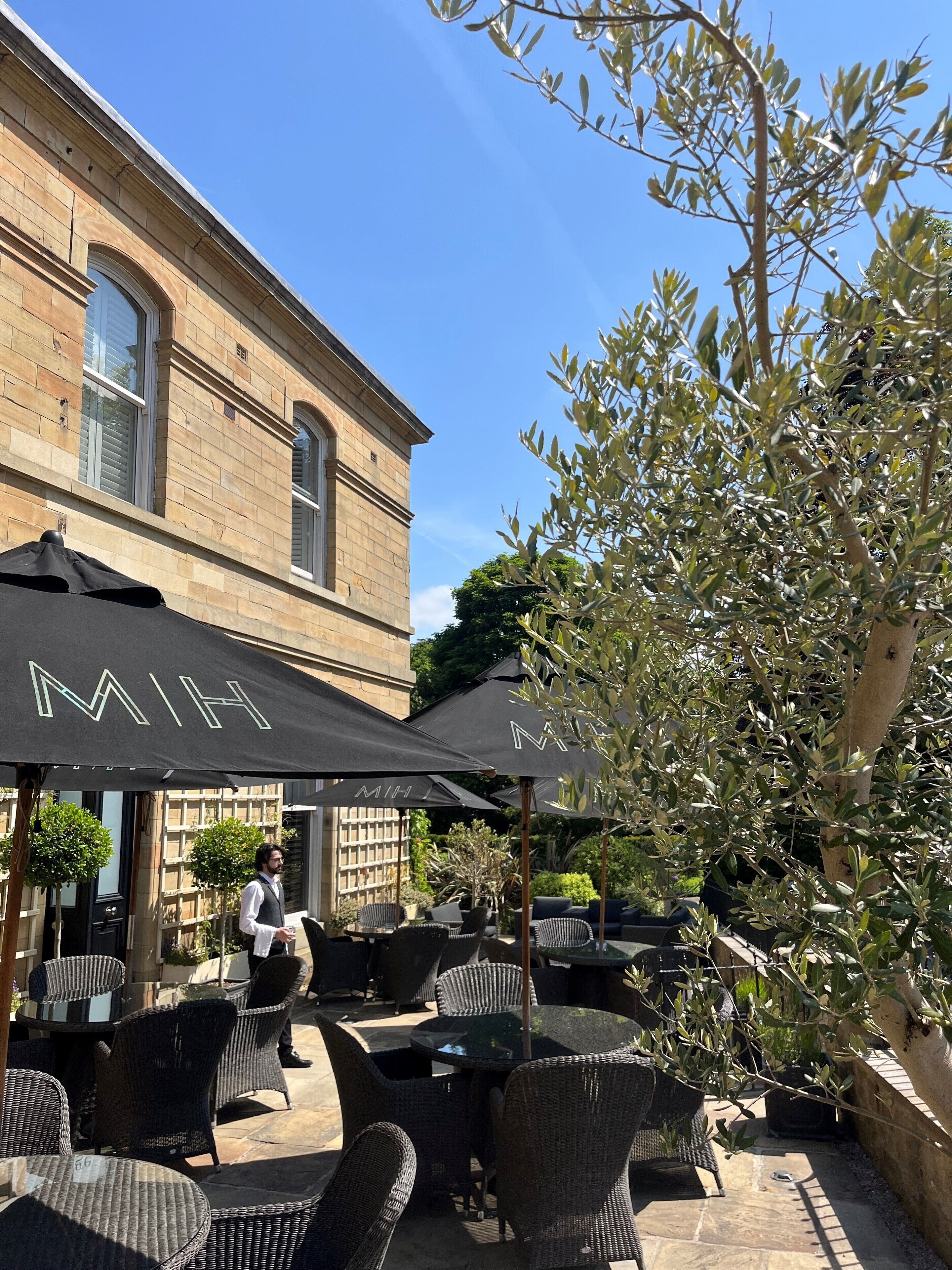 An outdoor seating area with wicker furniture and umbrellas, a brick building in the background, and a tree with olive branches.