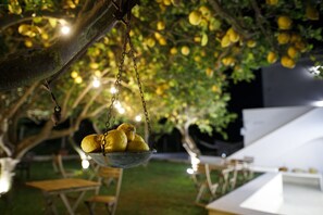 Una cesta colgante de limones bajo un árbol con guirnaldas de luces.
