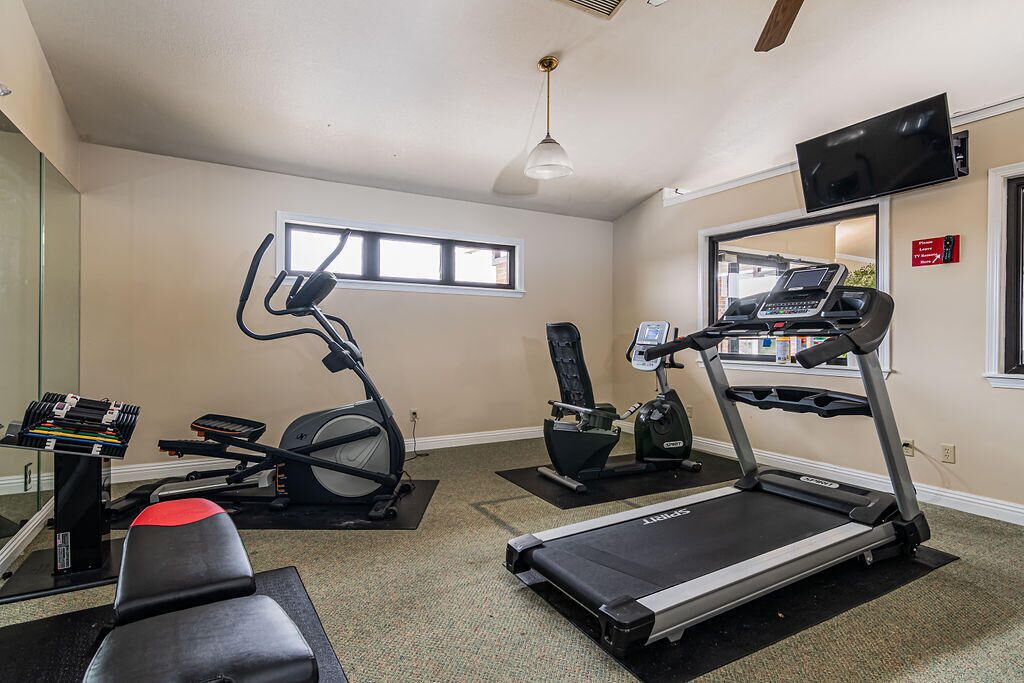 Un gimnasio en casa con cintas de correr, una elíptica, una bicicleta estática y pesas sueltas.