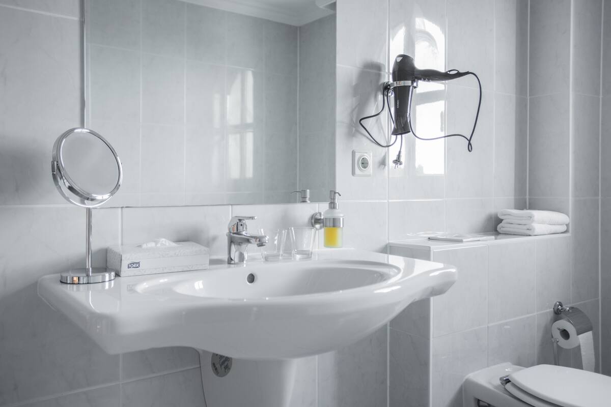 free toiletries, hair dryer, towels