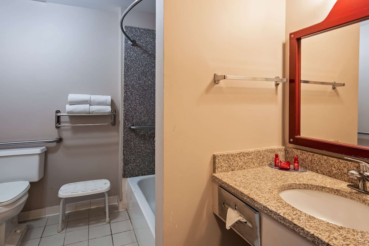 standard room, 1 king bed, accessible, refrigerator & microwave | bathroom | combined shower/bathtub, hydromassage showerhead, free toiletries