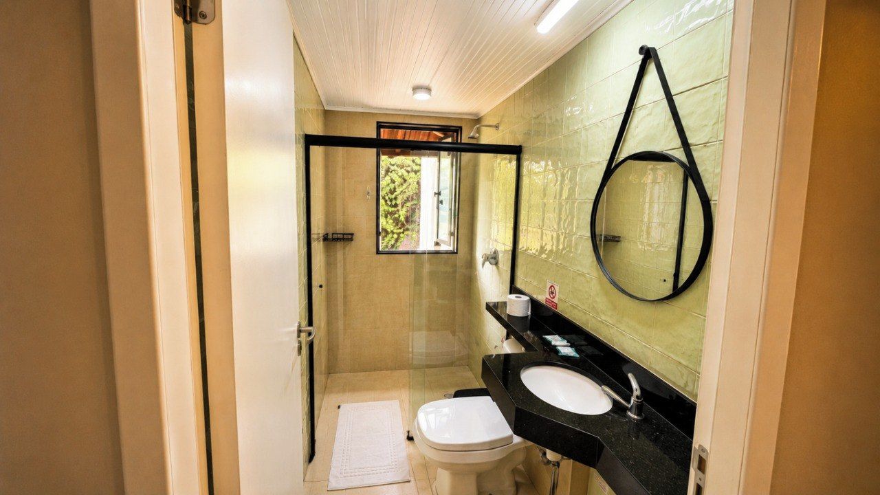 A bathroom with a glass-enclosed shower, a toilet, and a sink with a mirror above it.