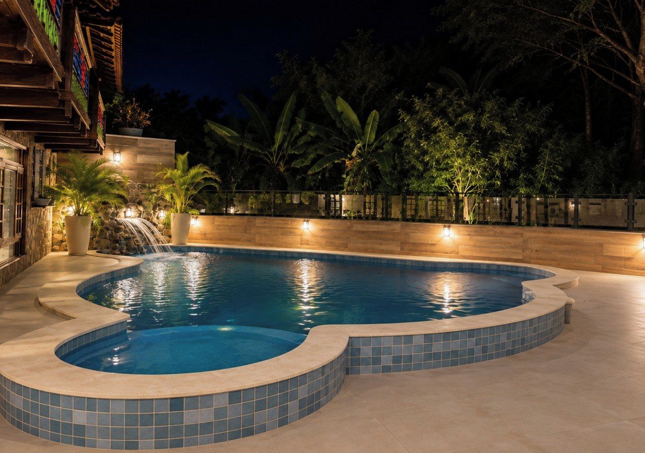 A swimming pool with a curved edge, surrounded by a stone wall and potted plants.