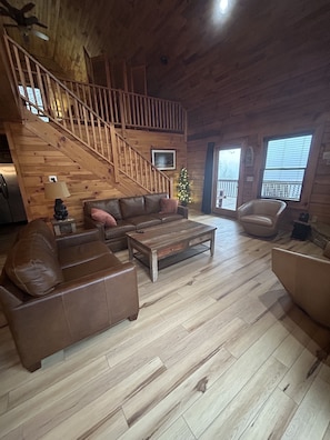 Smart TV, chimenea, libros y videoteca