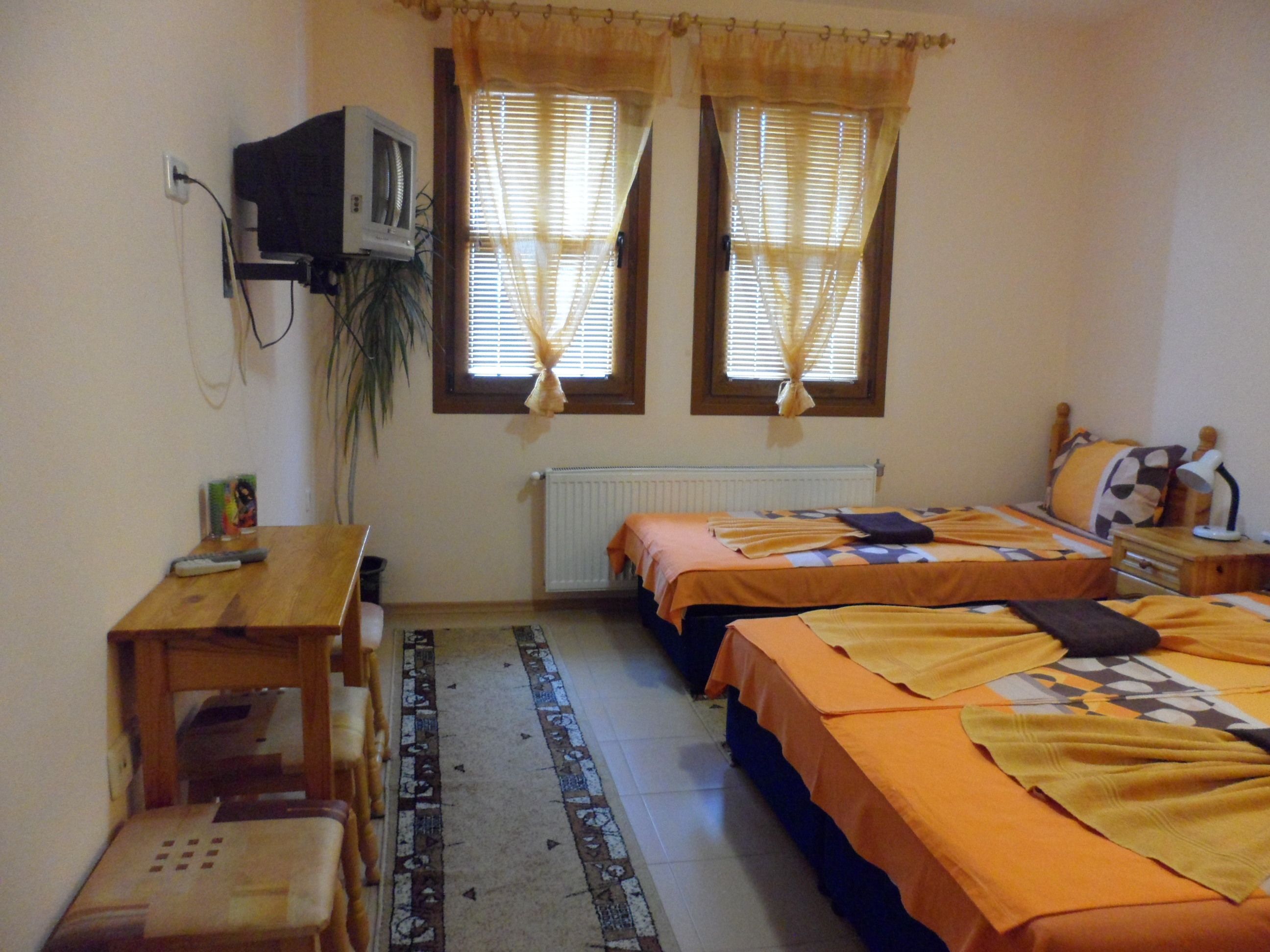 A bedroom with two beds, a desk, a chair, a radiator, and a TV mounted on the wall.