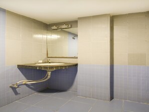 Une salle de bain avec un lavabo, un miroir et une douche.