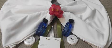 Shower, rainfall showerhead, free toiletries, hair dryer