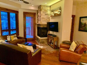 Smart TV, fireplace, video games, DVD player