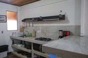 Fridge, microwave, coffee/tea maker, blender