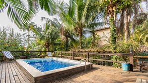 Eine Holzterrasse mit einem rechteckigen Pool, umgeben von Palmen und einem Holzzaun.