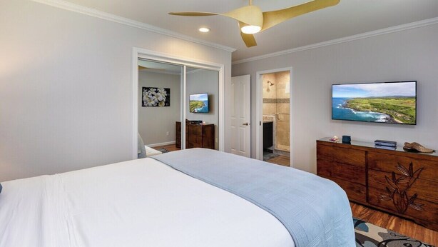 Un dormitorio con una cama, ventilador de techo, televisor y cómoda de madera.