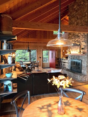 Smart TV, fireplace, books, stereo