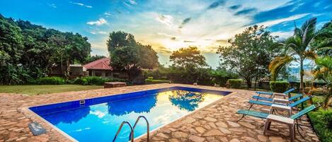 Outdoor pool, sun loungers