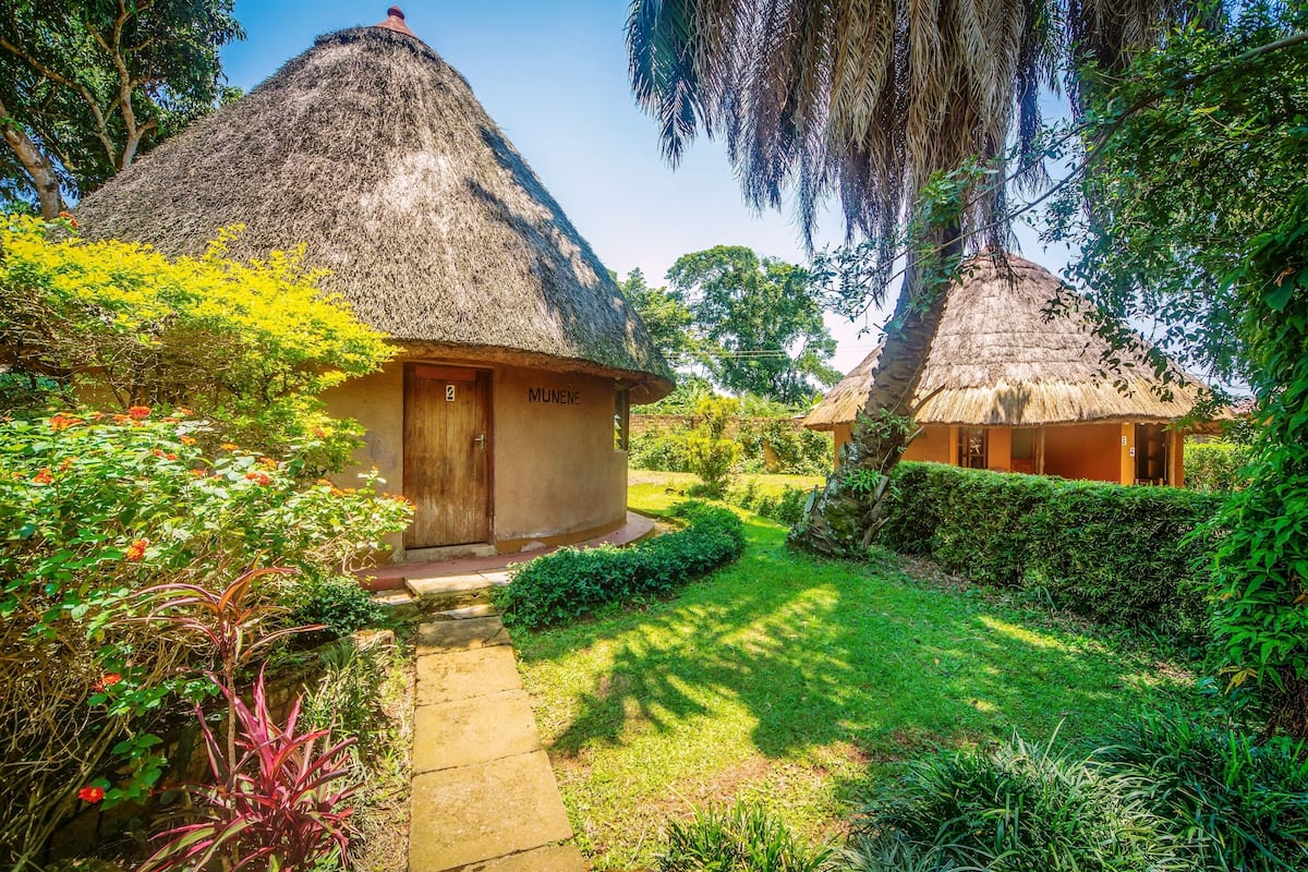 A traditional thatched-roof hut with a wooden door, surrounded by lush greenery and a well-maintained garden.