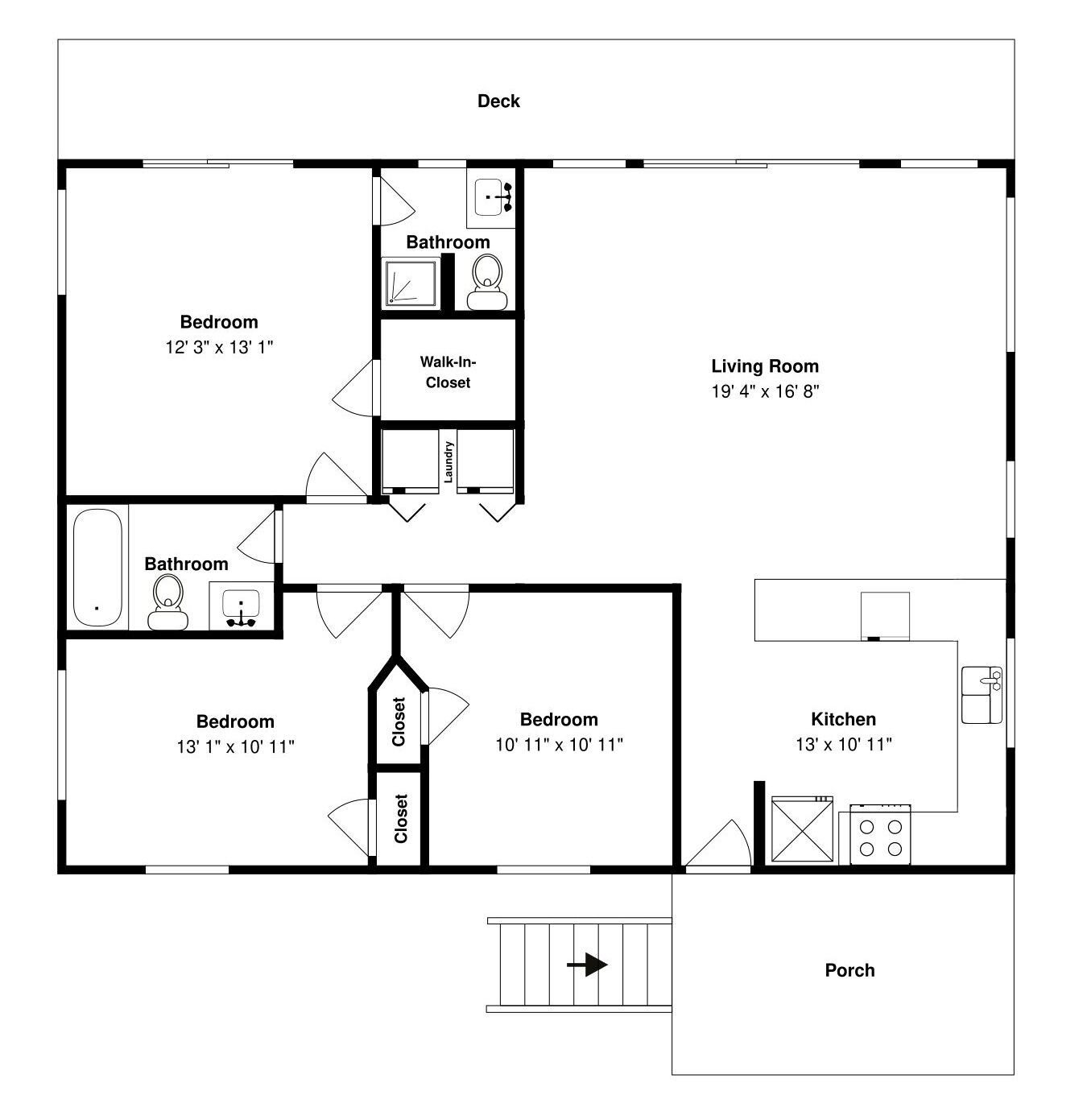 A floor plan with a bedroom, bathroom, living room, kitchen, and porch.