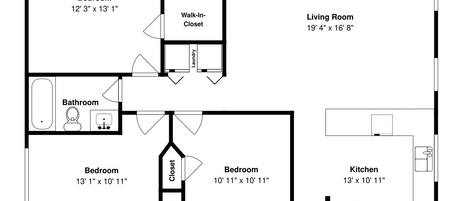 A floor plan with a bedroom, bathroom, living room, kitchen, and porch.