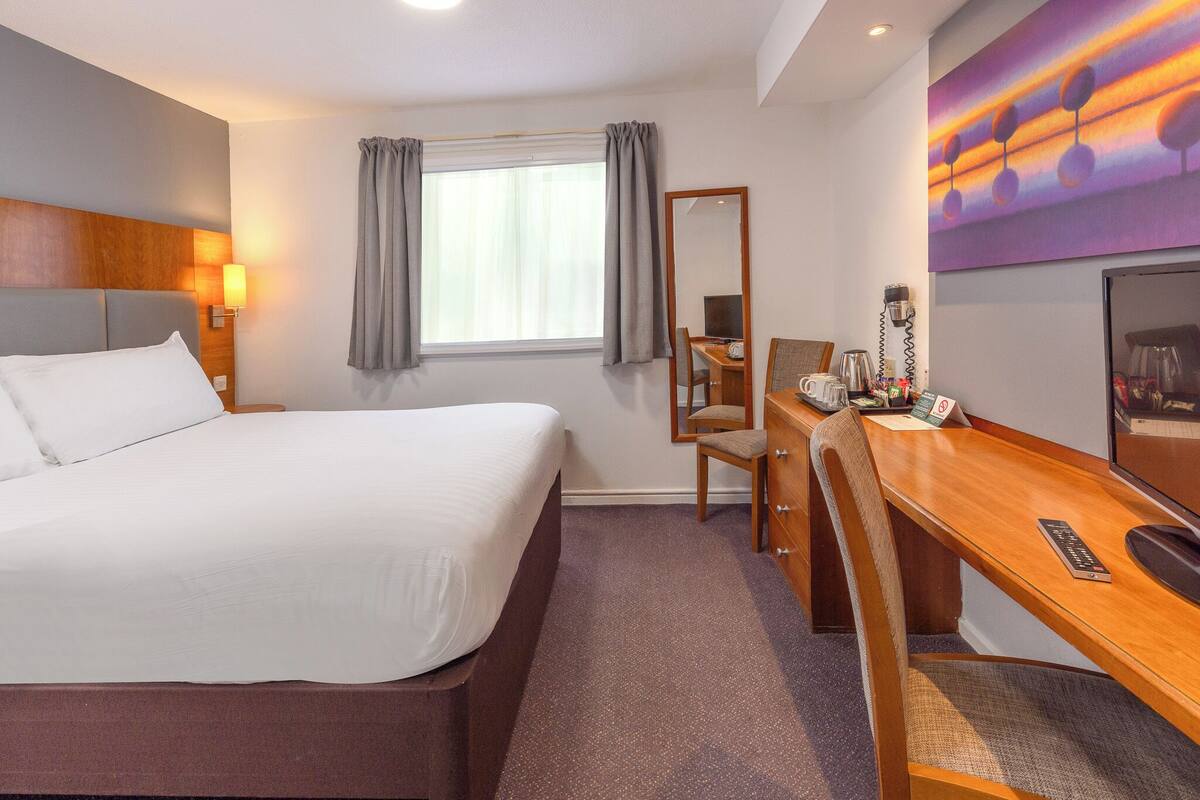 A hotel room with a large bed, a desk with a chair, a mirror, a television, and a window with curtains.