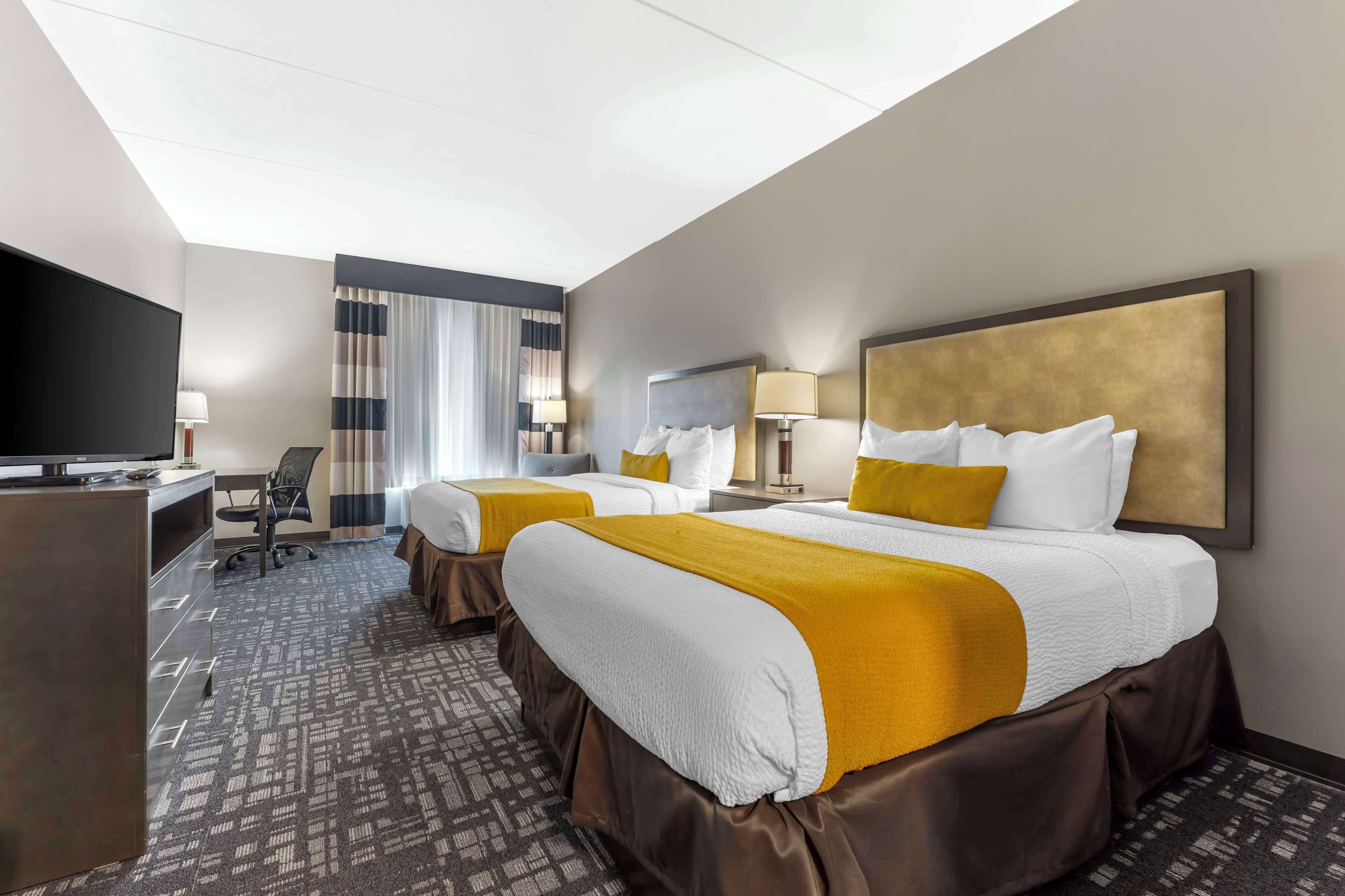 Desk, laptop workspace, blackout curtains, iron/ironing board