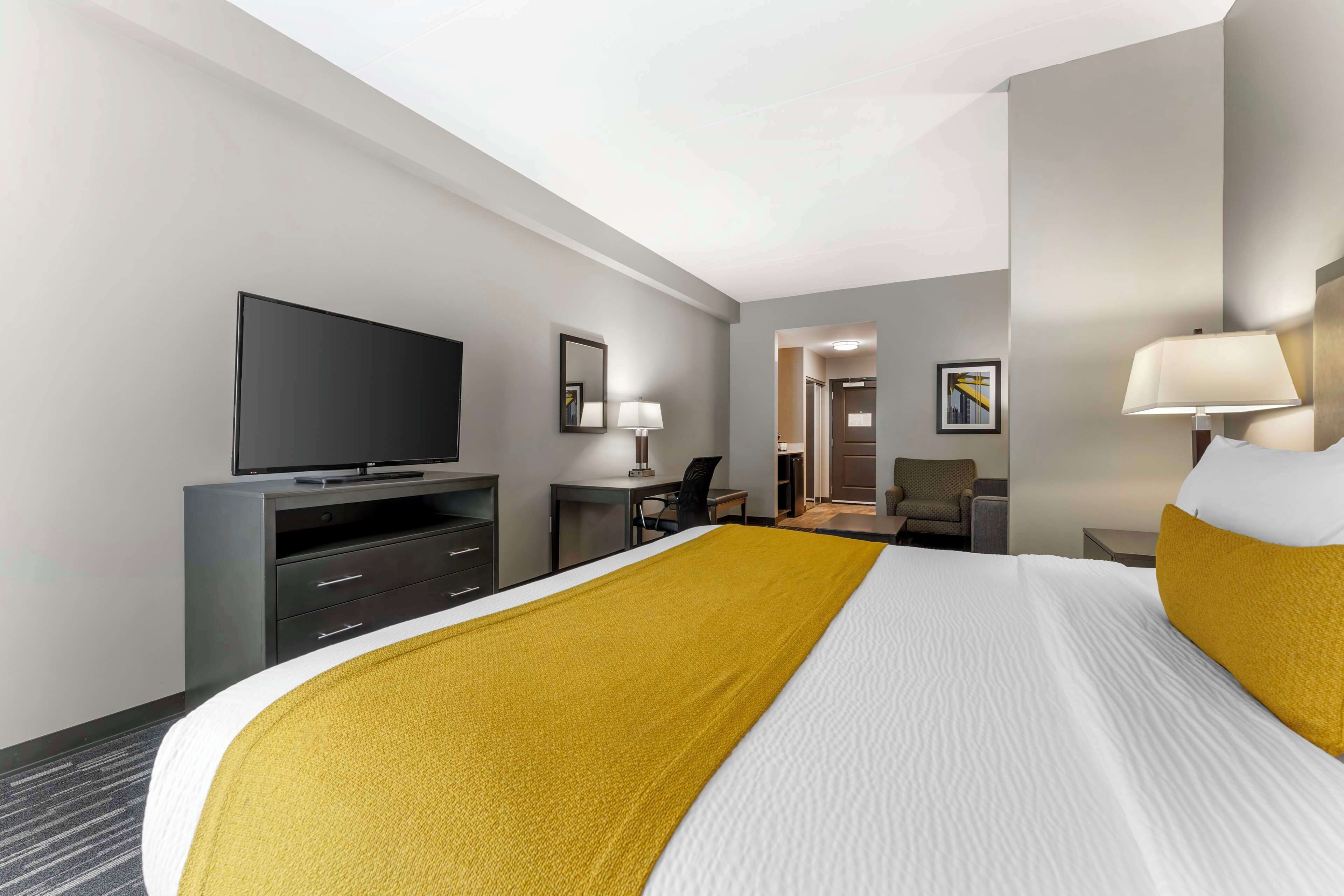 A hotel room with a large bed, a flat-screen TV, a desk with a chair, a lamp, and a framed picture on the wall.