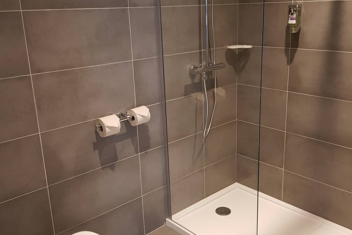 eco-friendly toiletries, hair dryer, towels