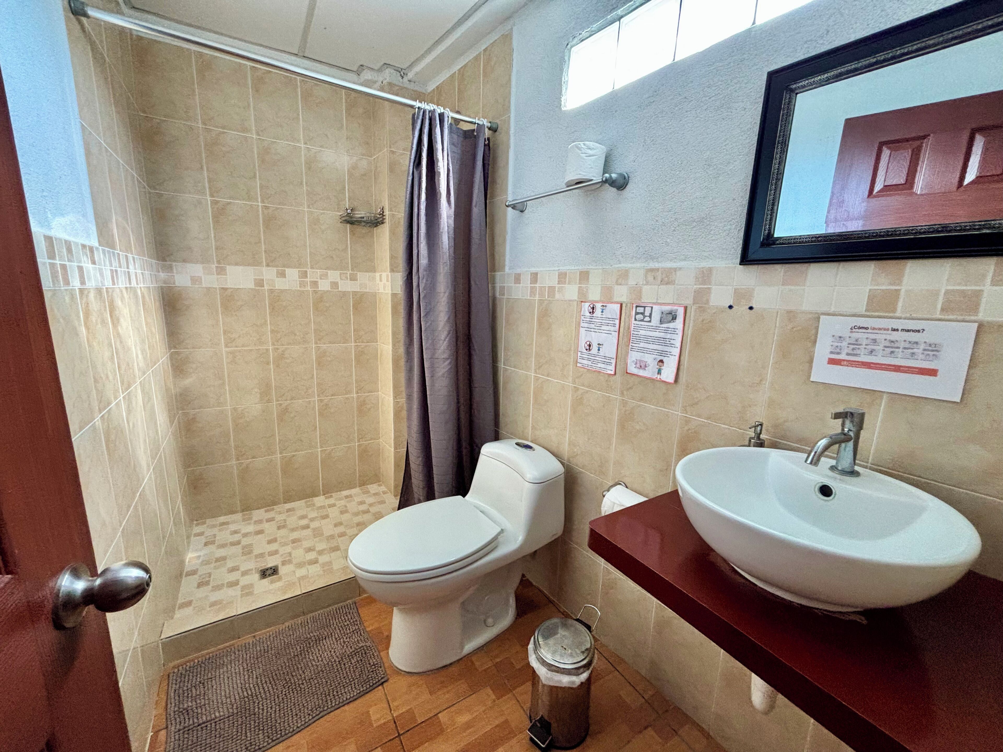 Un baño con ducha, inodoro, lavamanos y espejo.
