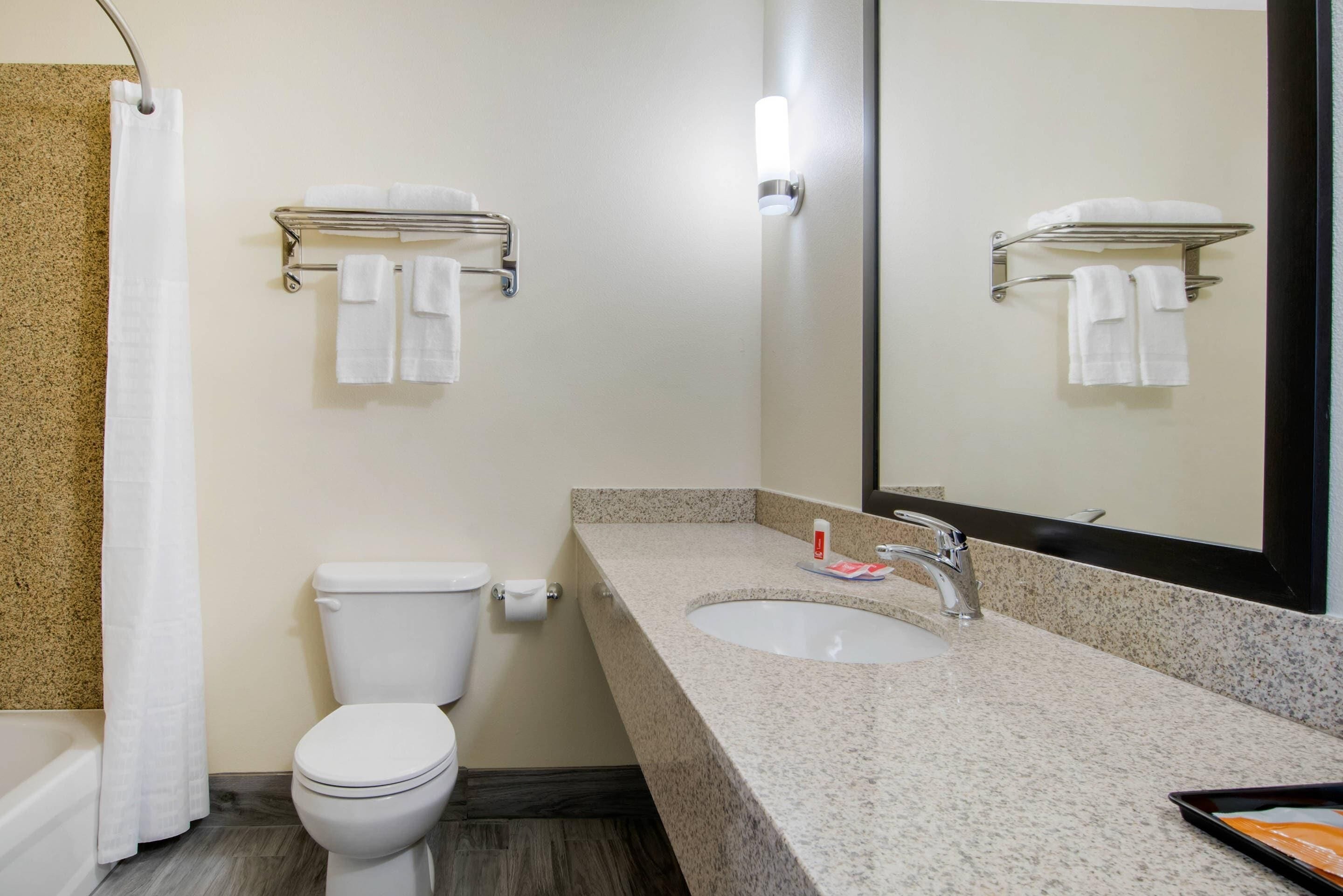 A bathroom with a toilet, sink, and towel rack.