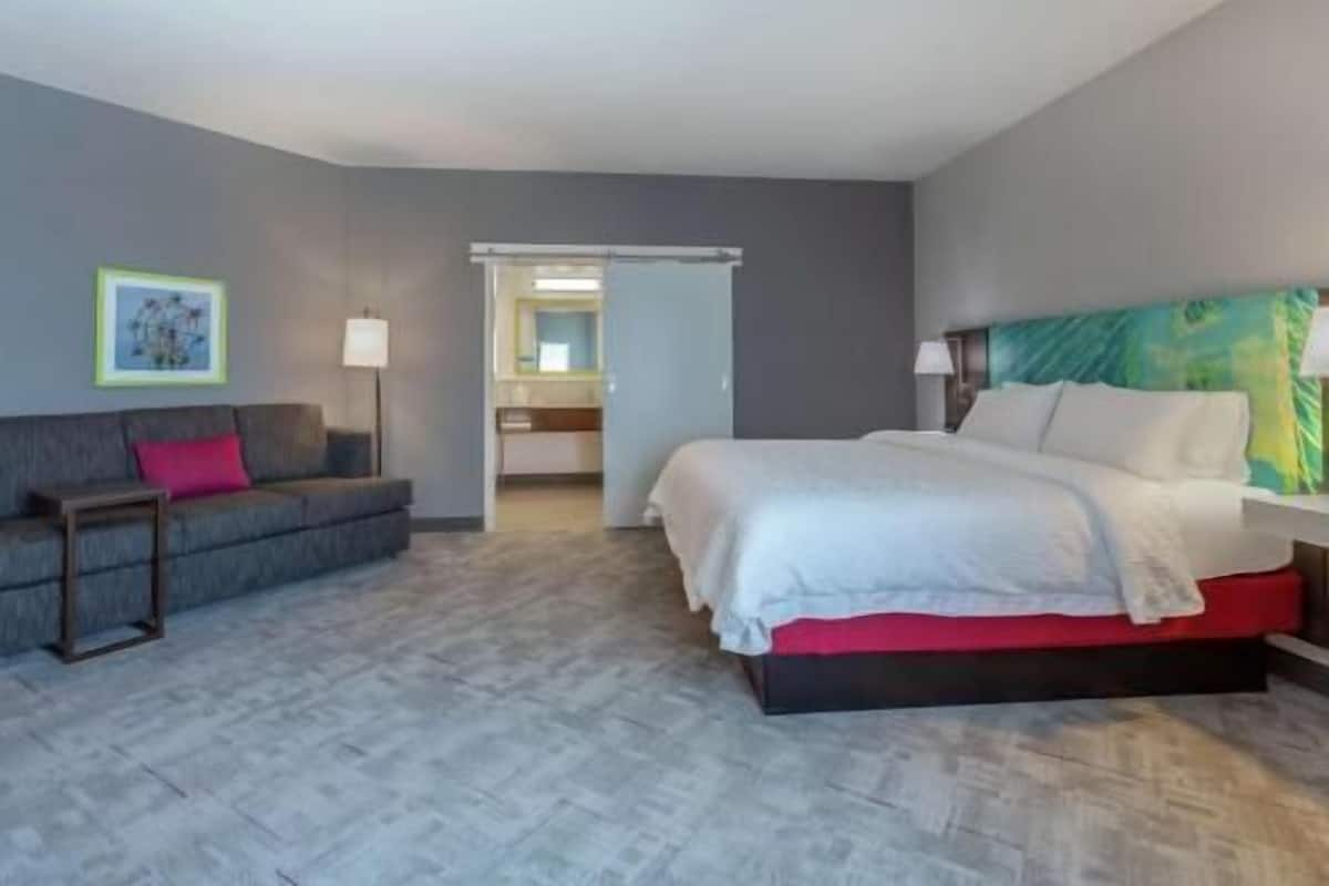 A hotel room with a bed, a sofa, a desk, and a mirror.