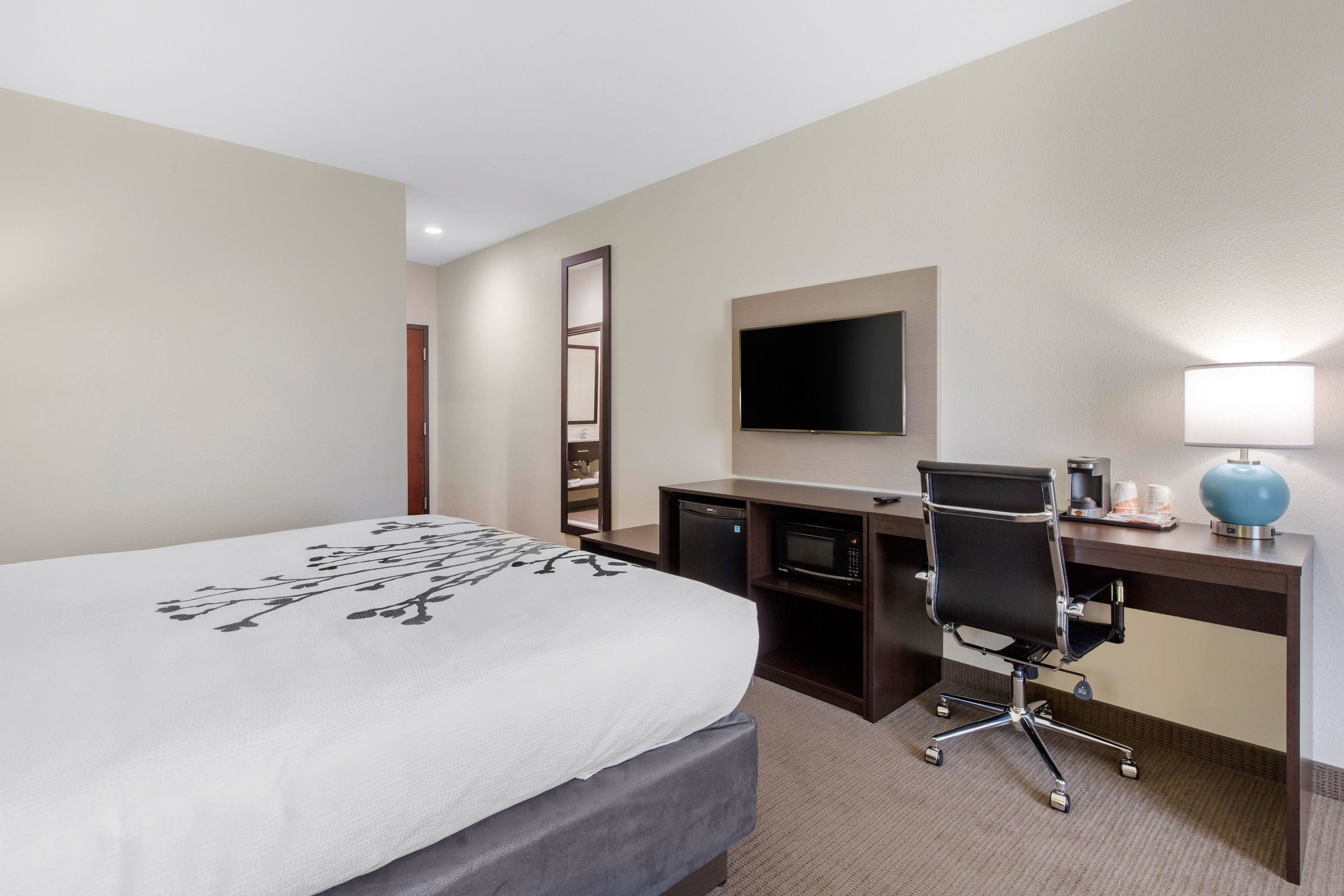 A hotel room with a bed, a desk with a computer, a chair, a TV, and a lamp.